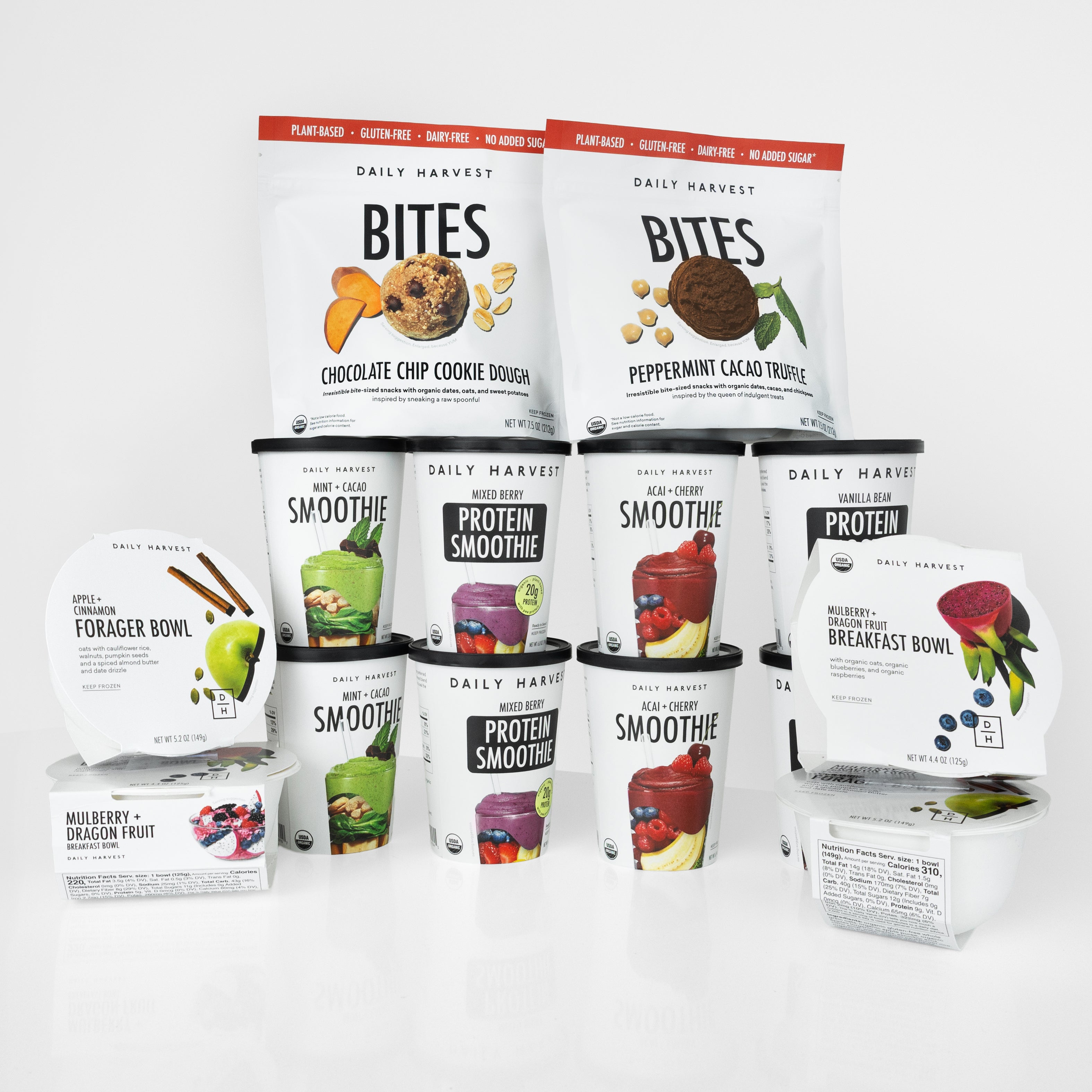 Daily Harvest smoothies, breakfast bowls, forager bowls, and bites displayed with branded packaging