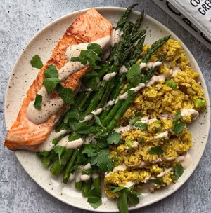 Spicy Seared Salmon with Curried Brown Rice + Green Chickpea Grains Recipe